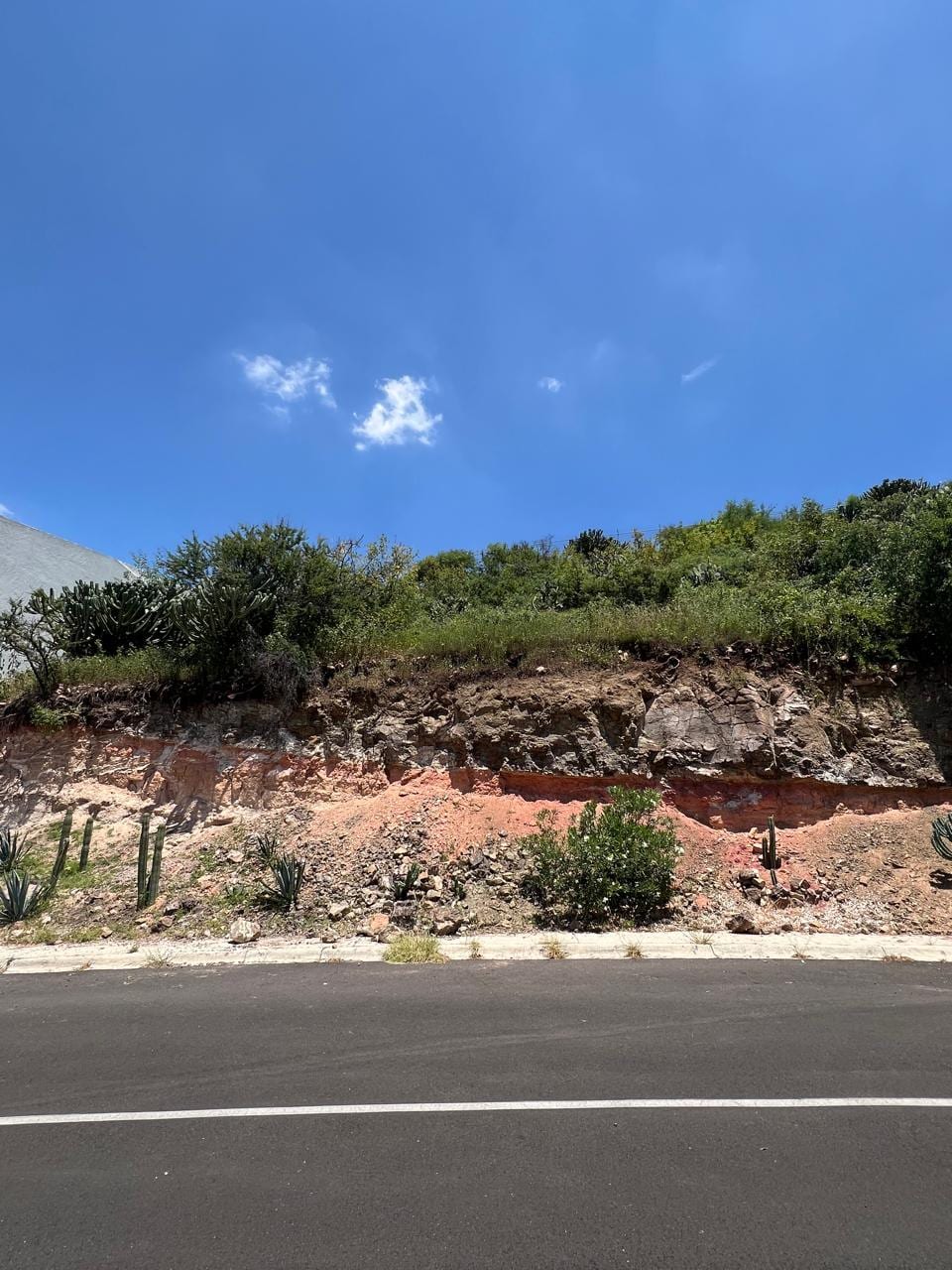 Frente del terreno en esquina visto desde la calle, con el talud de roca y tierra roja y vegetación en la parte alta